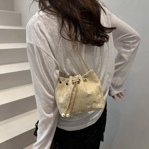 Damen Bestickte Stroh Beuteltasche Mit Künstlicher Perle Kordelzug Kette Umhängetasche Florale Urlaub Gewebte Handtasche