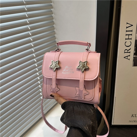 Bolso Cuadrado Pequeño de Cuero PU Vintage para Mujer Decoración de Estrellas Bolso de Mano Cruzado Elegante Color Sólido Diario