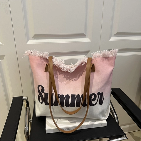 Summer Gradient Canvas Tote Bag With Frayed Fringe Detail Letter Print Large Capacity Casual Shoulder Bag For Women Beach Vacation