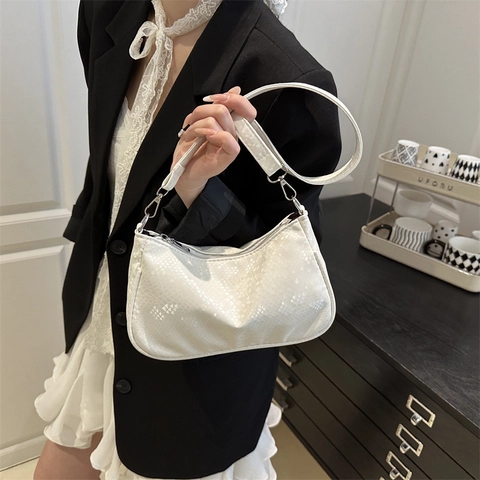 Borsa Sottobraccio da Donna in Pelle PU con Motivo Serpente Borsa a Tracolla Stile Retro Francese con Chiusura a Cerniera in Metallo Argentato
