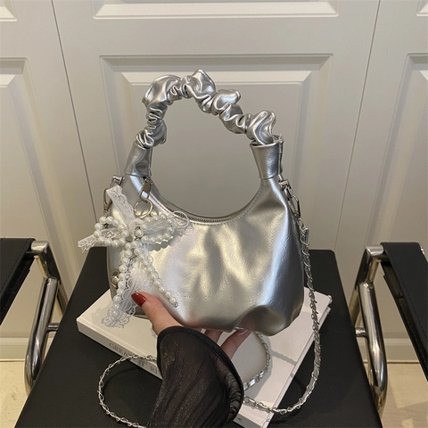 Women Small Pleated PU Leather Shoulder Bag With Artificial Pearl Bowknot Lace Decoration Metallic Chain Strap Fashion Hobo Handbag