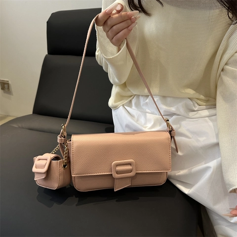 Borsa a Spalla Baguette da Donna in Pelle PU con Grana Litchi Vintage Minimalista Borsa Sottoascellare Con Mini Pochette Coordinata