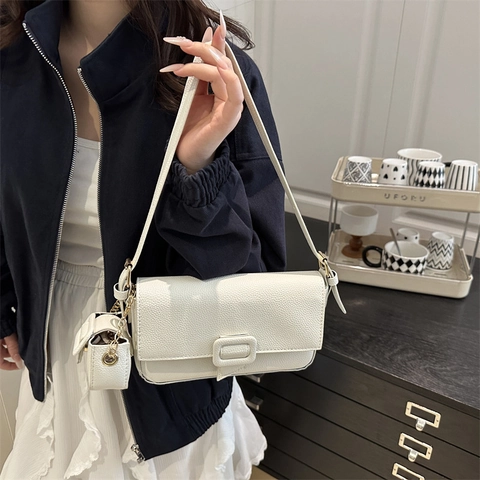 Borsa a Spalla Baguette da Donna in Pelle PU con Grana Litchi Vintage Minimalista Borsa Sottoascellare Con Mini Pochette Coordinata