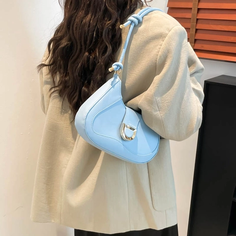Women's Fashion PU Leather Underarm Hobo Bag With Gold D Buckle Knotted Strap Minimalist Half Moon Shoulder Bag For Daily Use