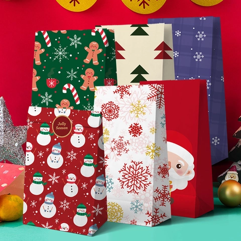 Christmas Paper Gift Bags With Stickers Santa Snowman Snowflake Patterns Festive Holiday Party Favor Candy Packaging Bags For Kids Adults