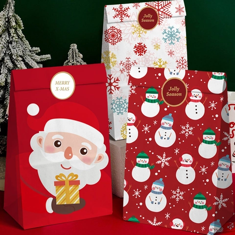 Christmas Paper Gift Bags With Stickers Santa Snowman Snowflake Patterns Festive Holiday Party Favor Candy Packaging Bags For Kids Adults