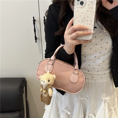Women Mini Boston Shoulder Bag PU Leather Litchi Grain Casual Handbag Bear Pendant Daily Crossbody Bag Solid Color Bag