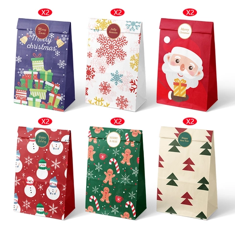 Sacs Cadeaux En Papier De Noël Et Autocollants Dessin Animé Père Noël Bonhomme De Neige Pain Épices Pour Fête Emballage Cadeau