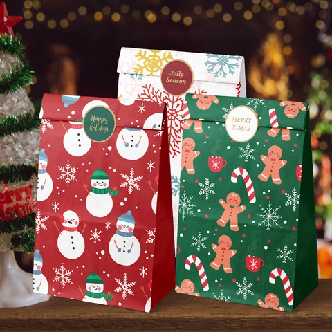 Sacs Cadeaux En Papier De Noël Et Autocollants Dessin Animé Père Noël Bonhomme De Neige Pain Épices Pour Fête Emballage Cadeau