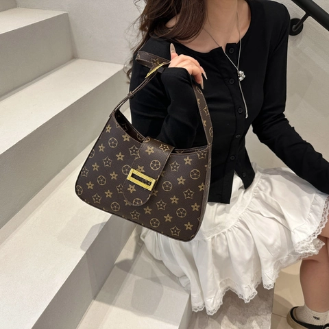 Dames Okseltas PU Leer Retro Monogram Sterrenprint Gouden Gesp Verstelbare Riem Schoudertas Baguette Handtas