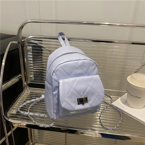 Women Fashion Mini Quilted Backpack PU Leather Chain Shoulder Bag Elegant Diamond Pattern Lady Travel Casual Small Rucksack Bag