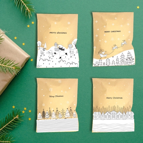 Sacs Cadeaux en Papier Kraft de Noël Avec Autocollants Merry Christmas Sacs Enveloppes pour Fête Bonbons Biscuits Emballage Cadeau