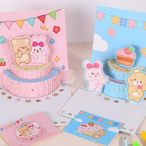 3D Pop Up Birthday Greeting Card Cute Cartoon Bear Rabbit Cake Paper Foldable Card With Envelope For Kids Friends