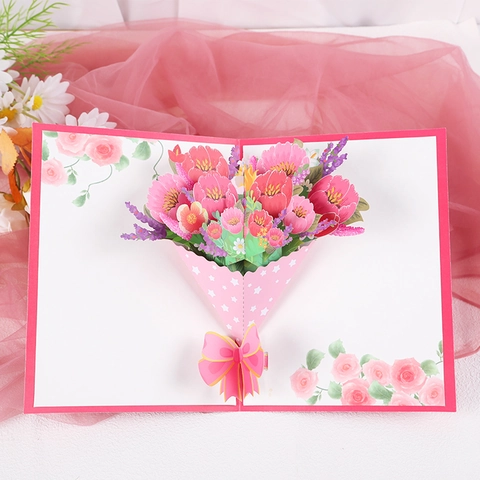 Tarjeta de Felicitación de Flor Popup 3D Ramo de Papel Hecho a Mano Tarjeta para Cumpleaños Boda Aniversario Día de la Madre Con Sobre