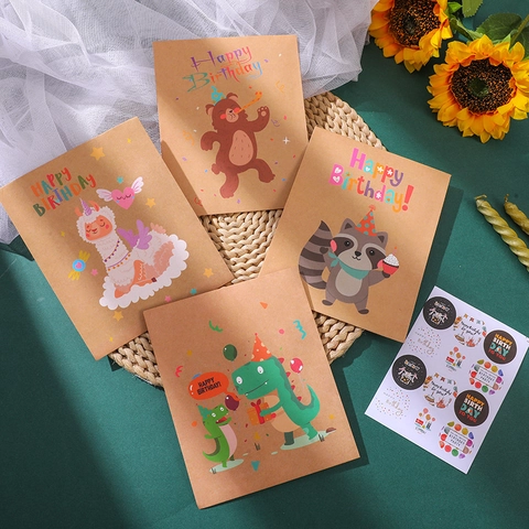 Cartoon Dier Verjaardag Cadeauverpakking Envelop Set Kraftpapier Bedankt Bloemen Ballon Ontwerp Met Stickers Voor Feest