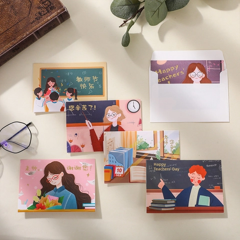 Happy Teacher's Day Greeting Cards With Envelopes Cartoon Illustration Gold Stamping Appreciation Note Cards For Teachers