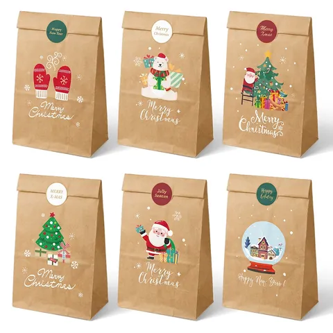 Christmas Gift Bags Kraft Paper Cartoon Santa Reindeer Pattern For Holiday Candy Apple Packaging Party Favors
