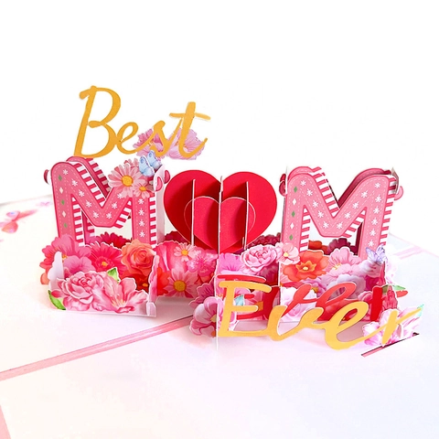 Creative 3D Pop Up Mother's Day Card Handmade Floral Heart Greeting Card With Envelope For Mom Best Mom Ever Gift Card