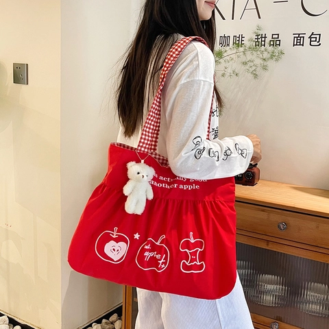 Borsa Tote in Nylon Rossa Grande Capacità Con Tracolla a Quadretti Stampa a Mela Coulisse Superiore Donna Borsa a Spalla Viaggio