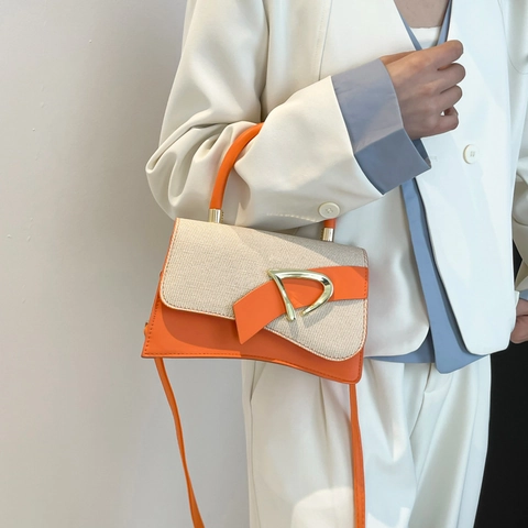 Vintage Luxury Contrast Color Women Splicing Shoulder Bag PU Fabric Handbag With Gold Metal D-Buckle Fashion Square Crossbody Bag