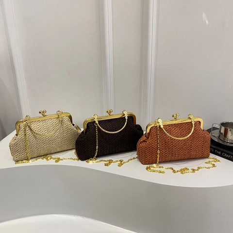 Women Vintage Straw Woven Shell Handbag Gold Metal Frame Ball Kiss Lock Removable Chain Strap Evening Crossbody Bag Clutch