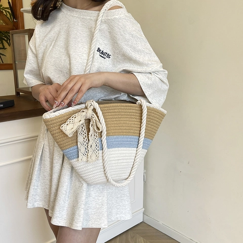 Borsa Tote da Donna Casual in Corda di Cotone Intrecciata Patchwork Con Fiocco di Pizzo Borsa a Spalla da Spiaggia Grande Capacità