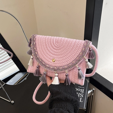 Borsa a Tracolla in Paglia Intrecciata Bohemian Donna Ricamo Etnico Nappina Borsa a Spalla Estate Spiaggia Vacanza Fatto a Mano