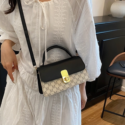 Bolso de Mano con Monograma de Letra M para Mujer Cuero PU Lona Bolso Cuadrado Pequeño Cruzado Con Asa de Cierre Metálico