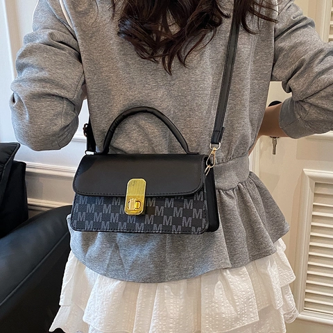 Bolso de Mano con Monograma de Letra M para Mujer Cuero PU Lona Bolso Cuadrado Pequeño Cruzado Con Asa de Cierre Metálico
