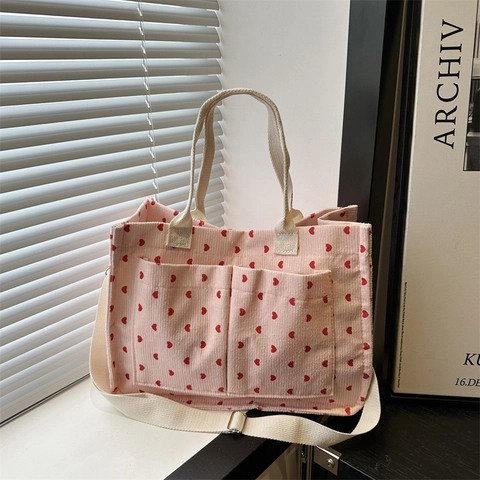 Bolsa Tote de Lona Casual para Mujer Con Patrones de Corazón Gran Capacidad Bolso de Hombro Ligero para Uso Diario
