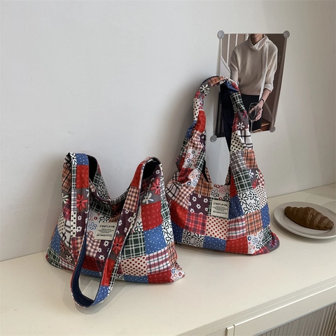 Women's Fashion Large Capacity Canvas Tote Bag Casual Vintage Patchwork Floral Plaid Shoulder Bag Versatile Chic Handbag