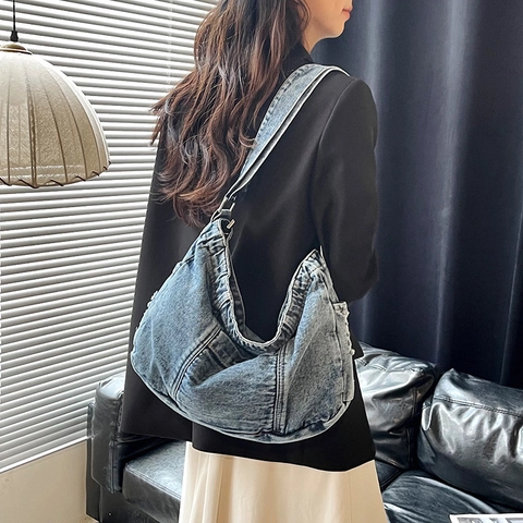 Japanese Retro Washed Denim Large Capacity Shoulder Bag Trendy Versatile Crossbody Hobo Bag For Women Daily Travel Bags
