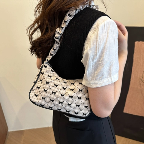 Vintage Dames Gingham Strik Onderarmtas Geplooid Cloud Handvat Lint Decor Schoudertas Casual Lichtgewicht Polyester Handtas