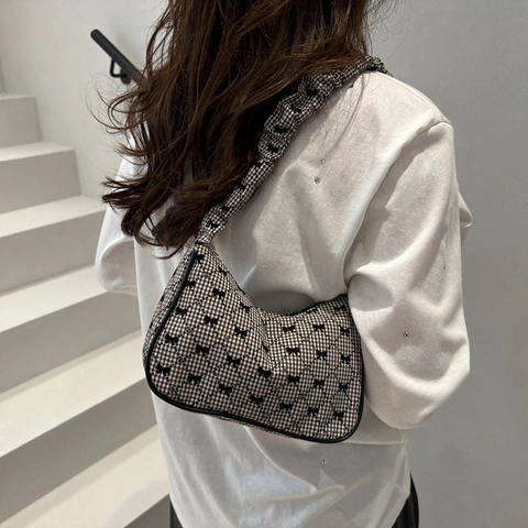 Borsa Sottobraccio Gingham Trapuntata Da Donna Decorazione Fiocco Tracolla Arricciata Borsa Hobo Tessuto Retro