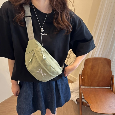 Korean Style Nylon Bow Embroidery Chest Bag For Women Men Casual Waist Pack Adjustable Shoulder Strap Crossbody Shoulder Bag Streetwear