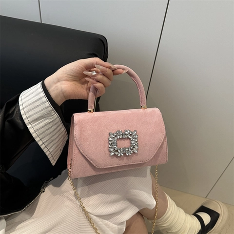 Luxury Rhinestone Square Buckle Handbag Fashion Suede Crossbody Bag Metal Chain Strap Evening Party Shoulder Bag Women