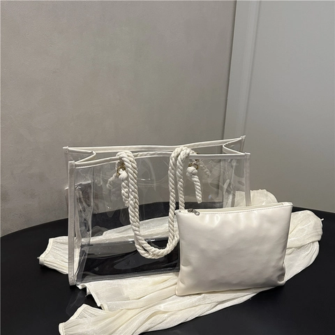 Women Large Capacity Transparent PVC Tote Bag With White Cotton Rope Handle And Inner Pouch Urban Minimalist Clear Shoulder Bag