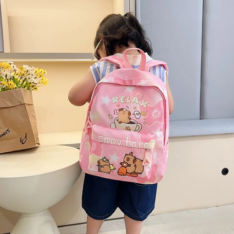 Cute Capybara Print Kids Backpack Nylon Lightweight School Bag Large Capacity For Toddler Girls School Travel Daily Use