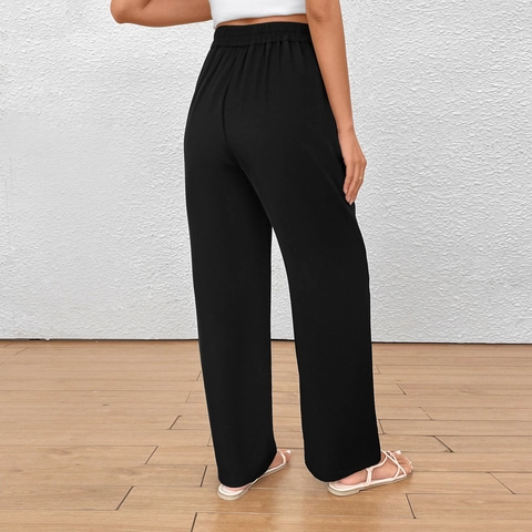 Pantalones De Mujer De Talle Alto Y Pernera Ancha Negros Poliéster Pantalones De Traje Drapeados Negocios Oficina