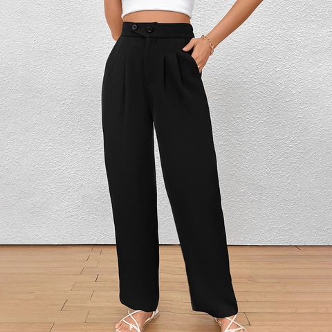 Pantalones De Mujer De Talle Alto Y Pernera Ancha Negros Poliéster Pantalones De Traje Drapeados Negocios Oficina