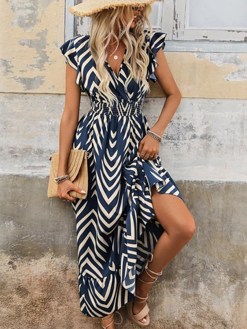 Robe Longue Bohème Polyester Col En V Manches Volantées Taille Haute Smockée Imprimé Géométrique Vacances Été Plage Femmes