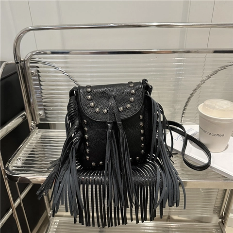 Vintage Boho PU Leder Fransen Umhängetasche Mit Nieten Quasten Litchi Muster Kleine Quadratische Schultertasche Für Damen Alltag Reise