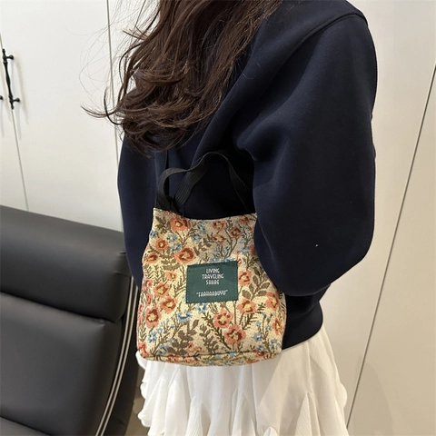 Retro Floral Canvas Bucket Bag For Women Vintage Jacquard Crossbody Shoulder Bag Small Tote Flower Butterfly Pattern