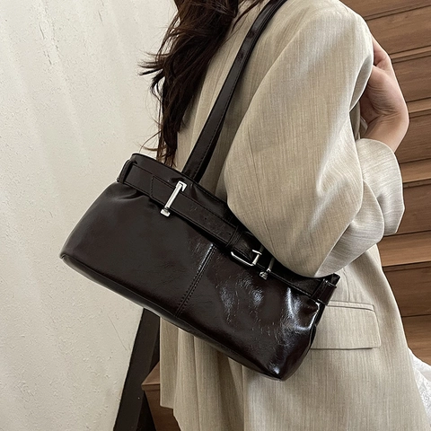 Retro PU Leder Schultertasche Für Damen Große Kapazität Achseltasche Mit Gürtelschnalle Einfach Minimalistisch Pendler Handtasche