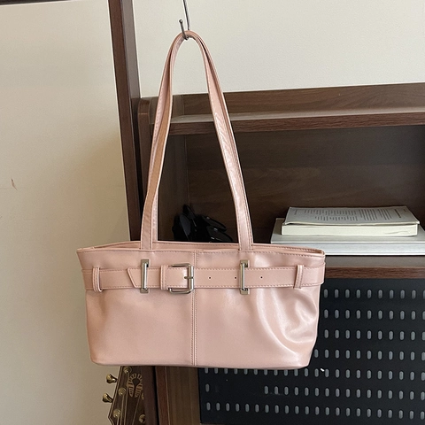 Women PU Leather Underarm Bag Vintage Baguette Bag With Belt Buckle Solid Color Minimalist Small Shoulder Bag For Casual Office