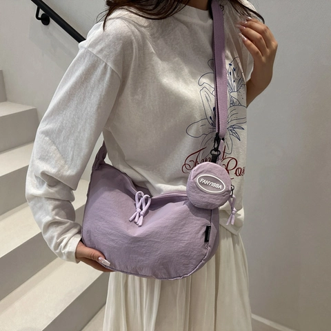 Women's Casual Nylon Crescent Crossbody Bag With Detachable Round Coin Purse Adjustable Wide Strap Simple Fashion Hobo Bag