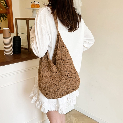 Hand Crocheted Cotton Linen Tote Bag Large Capacity Hollow Knit Shoulder Bag With 3D Flowers For Women Beach Vacation Casual Bag