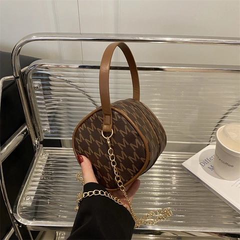 Borsa a Tracolla Cilindrica Mini da Donna Vintage Monogramma Stampa Lettere Con Catena Dorata Borsa a Spalla alla Moda