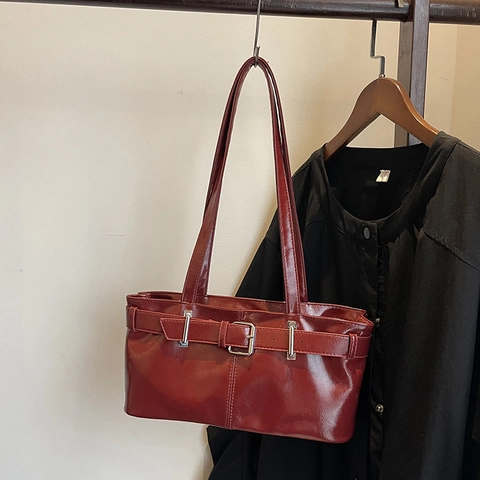 Retro PU Leder Schultertasche Für Damen Große Kapazität Achseltasche Mit Gürtelschnalle Einfach Minimalistisch Pendler Handtasche