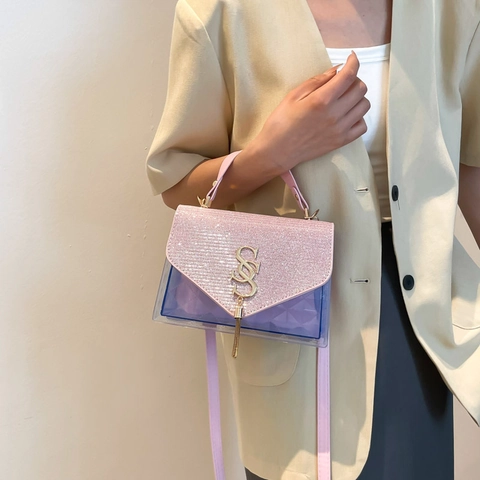 Women Fashion Transparent PVC Shoulder Bag With Sequins Flap Letter Metal Logo Tassel Chain Crossbody Handbag Square Tote Bag